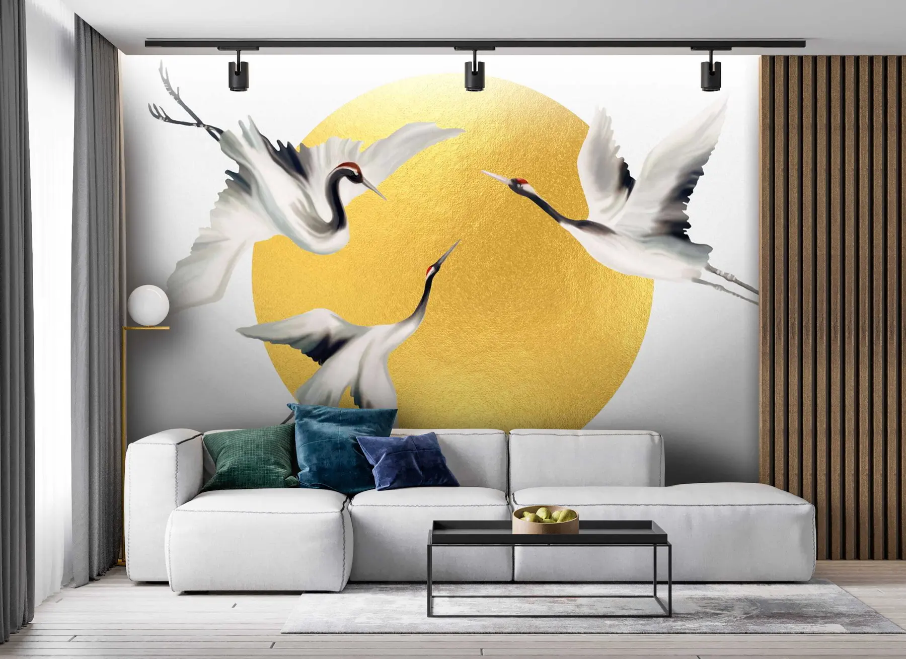 Fotobehang Kraanvogels in vlucht voor de zonnecirkel u79625