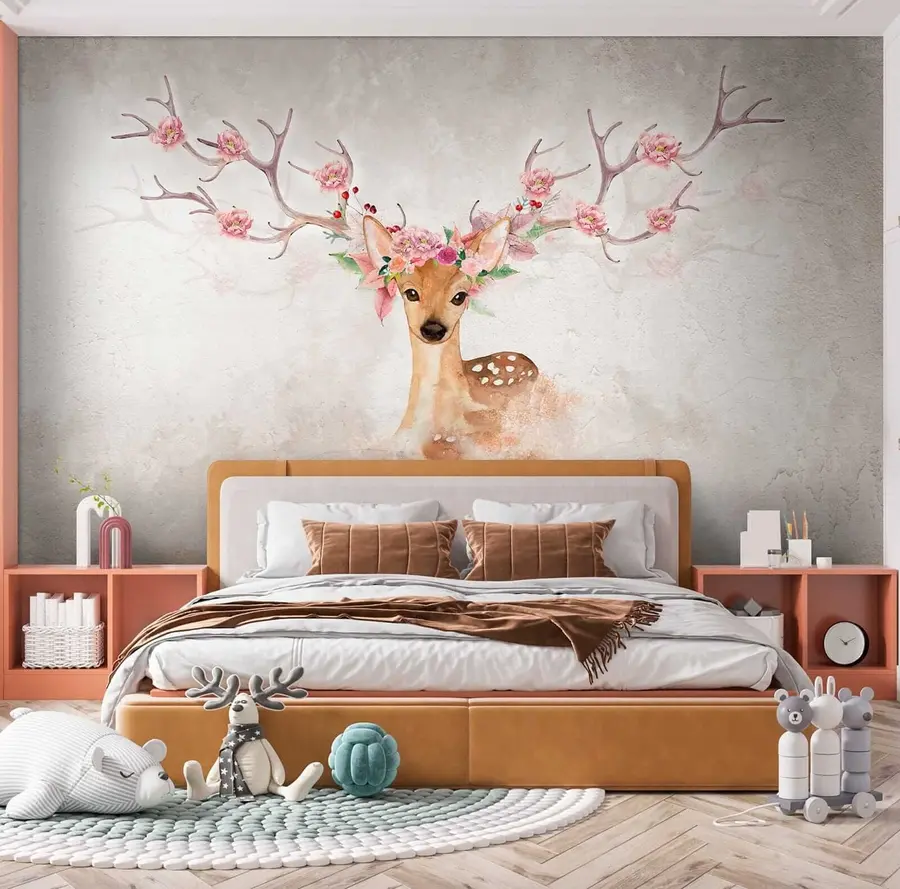 Fotobehang Herten met bloemen op het gewei u04671