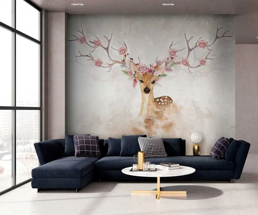Fotobehang Herten met bloemen op het gewei u04671
