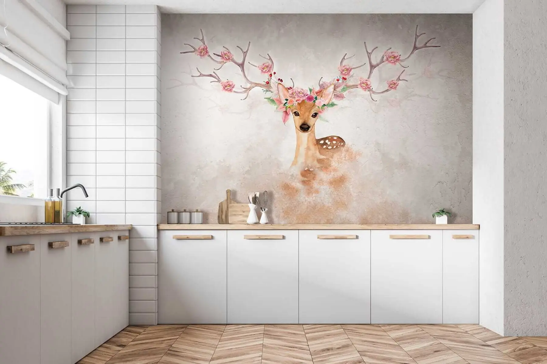 Fotobehang Herten met bloemen op het gewei u04671
