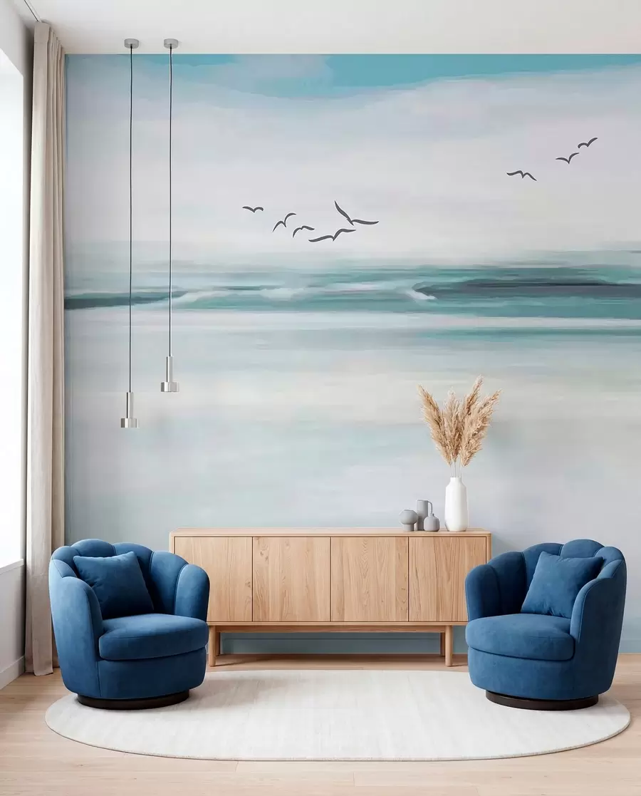 Fotobehang Meeuwen boven geschilderde zee u05695