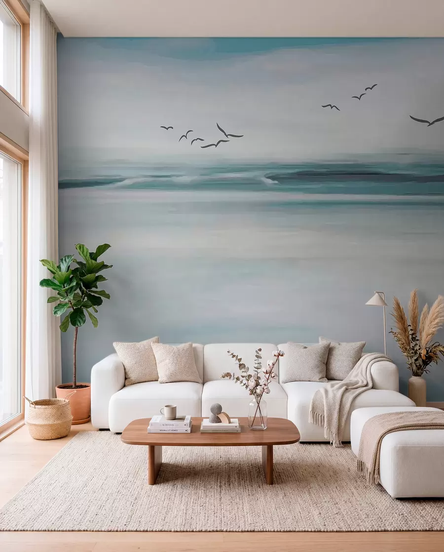 Fotobehang Meeuwen boven geschilderde zee u05695