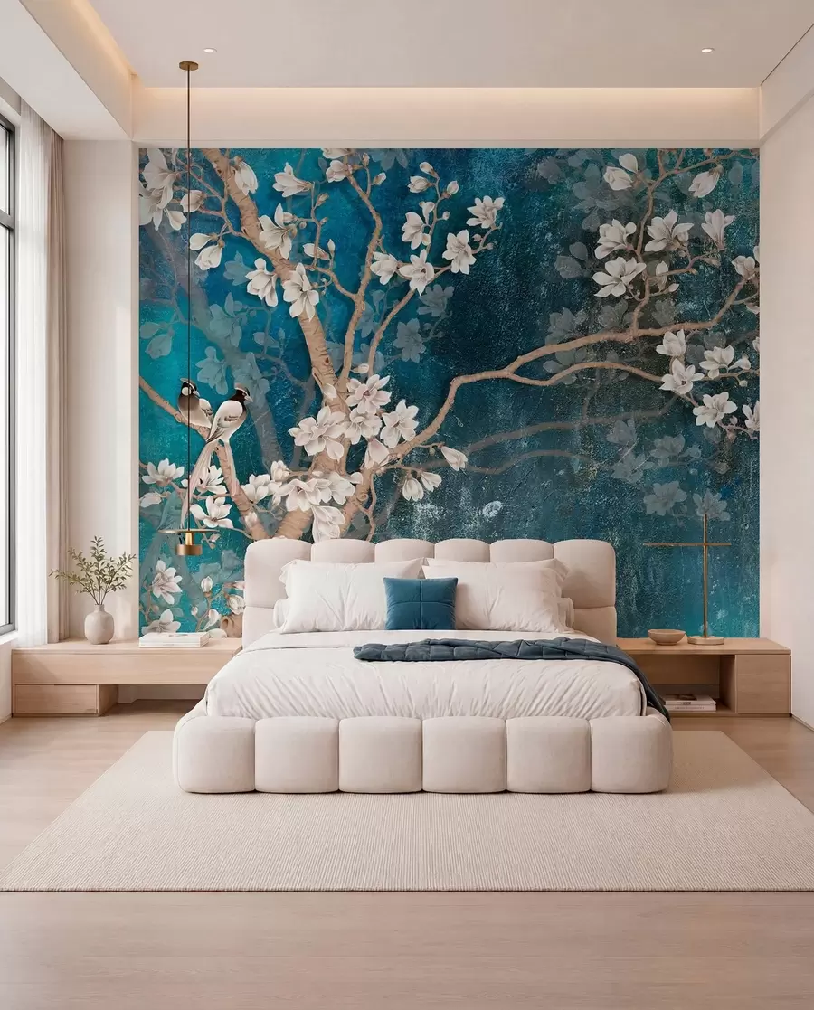 Fotobehang Vogels en bloesem op blauw u12150