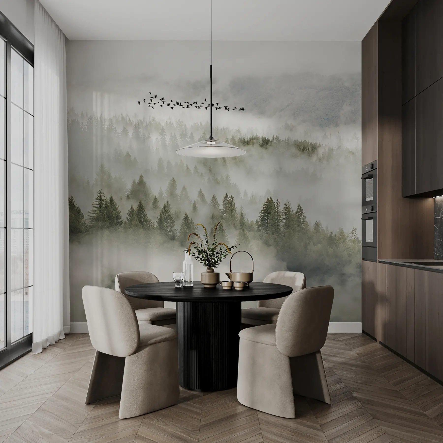 Fotobehang Mist bos en vogels u13823