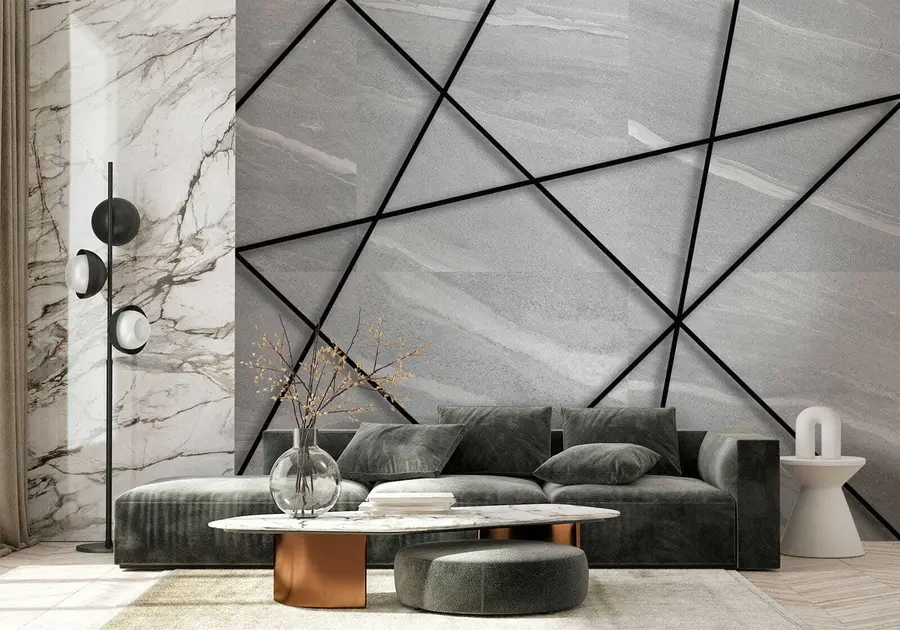 Fotobehang Grijs marmer en zwarte lijnen u16341