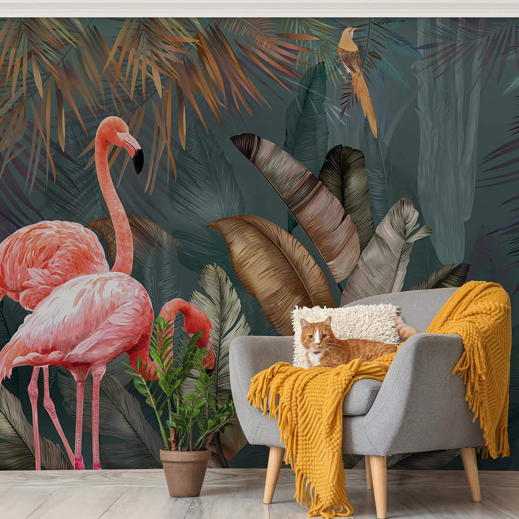 Fotobehang Flamingo's in het tropische woud u21344