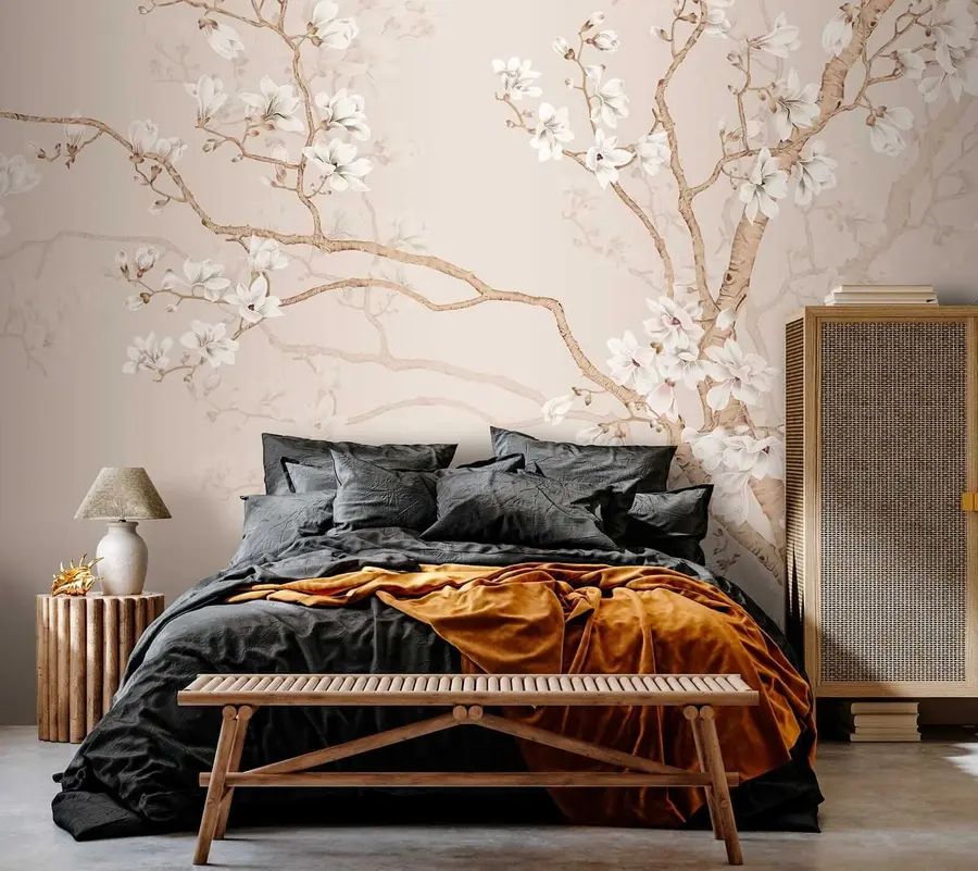 Fotobehang Bloeiende boom en vogels u25842