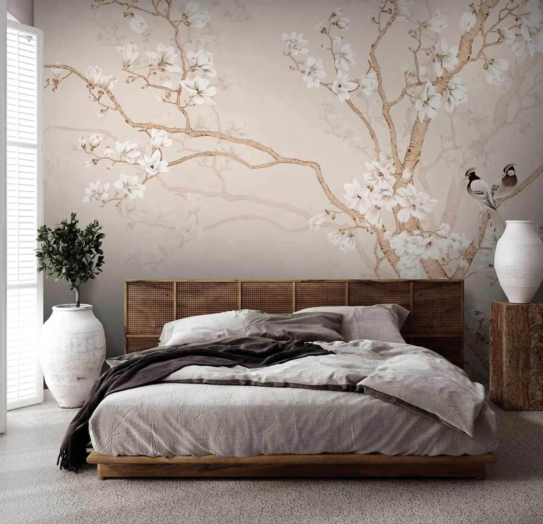 Fotobehang Bloeiende boom en vogels u25842