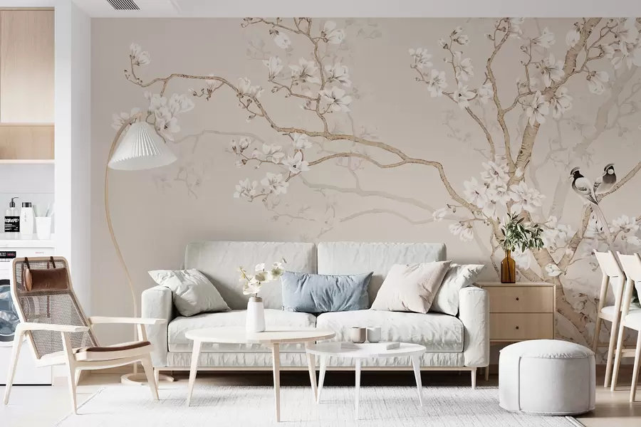 Fotobehang Bloeiende boom en vogels u25842