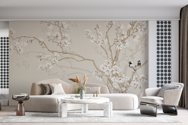 Fotobehang Bloeiende boom en vogels, Fotobehang bos, Fotobehang bomen, u25842 : Uwalls.nl
