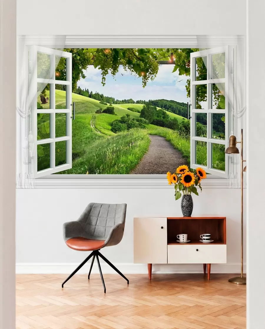 Fotobehang Venster op groene heuvels u28196