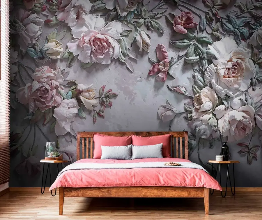 Fotobehang Volumetrische rozen aan de muur u31869