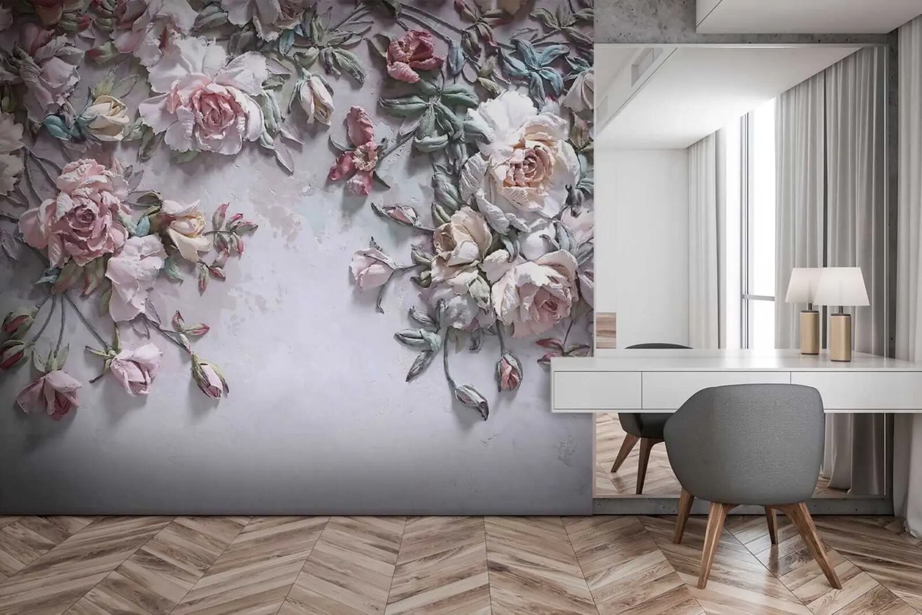 Fotobehang Volumetrische rozen aan de muur u31869
