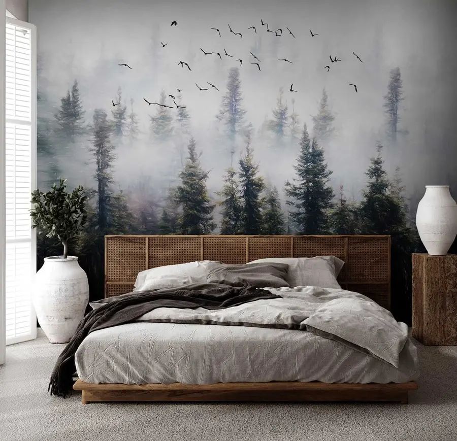 Fotobehang Mist bos en vogels u32237