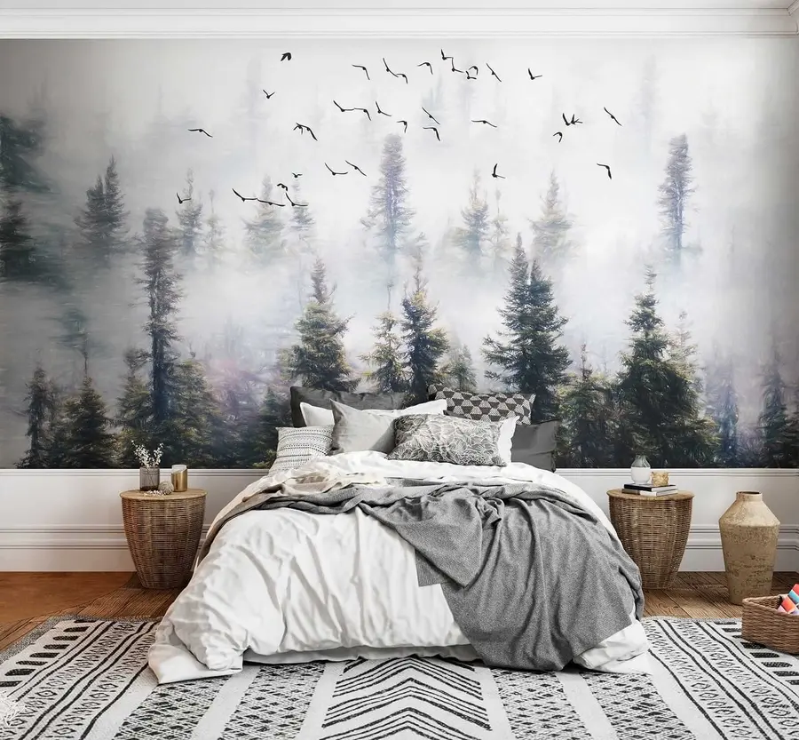 Fotobehang Mist bos en vogels u32237