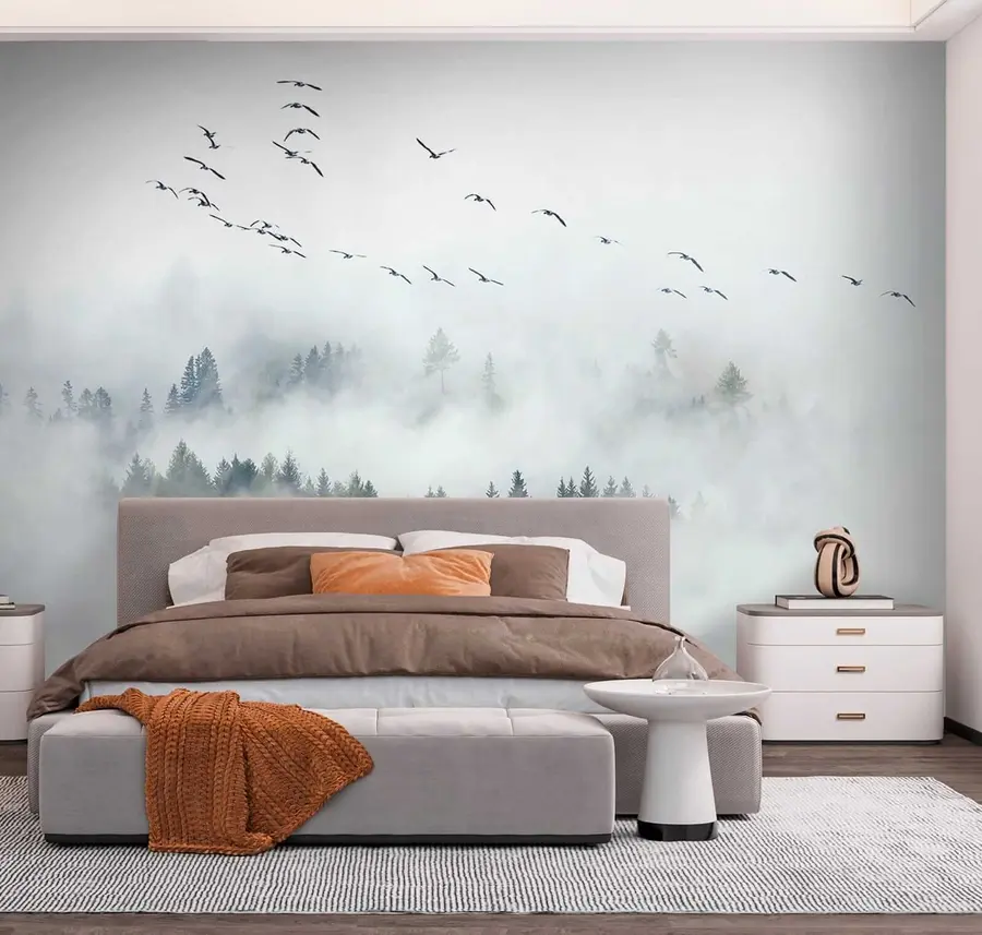 Fotobehang Mist bos en vogels u32480