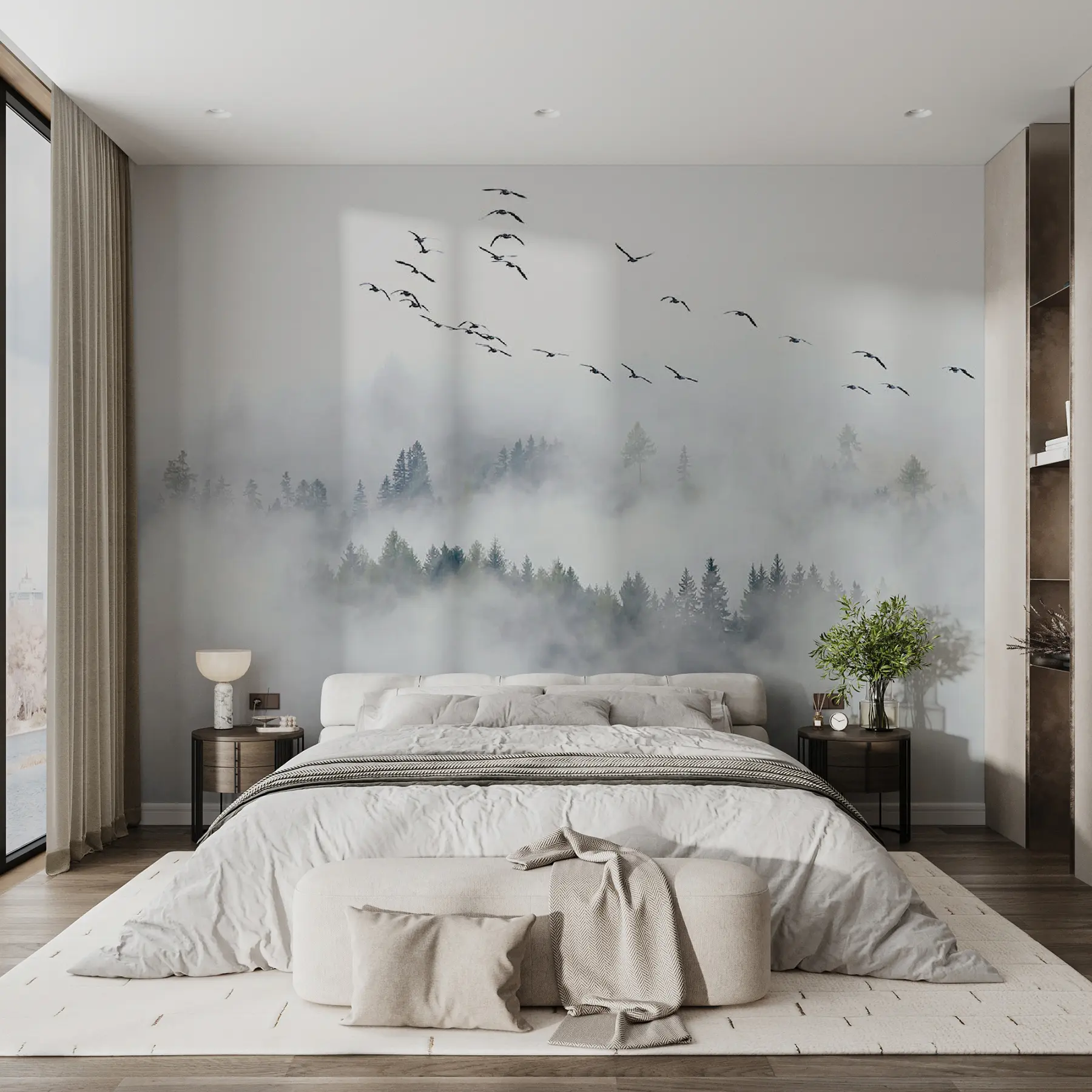 Fotobehang Mist bos en vogels u32480