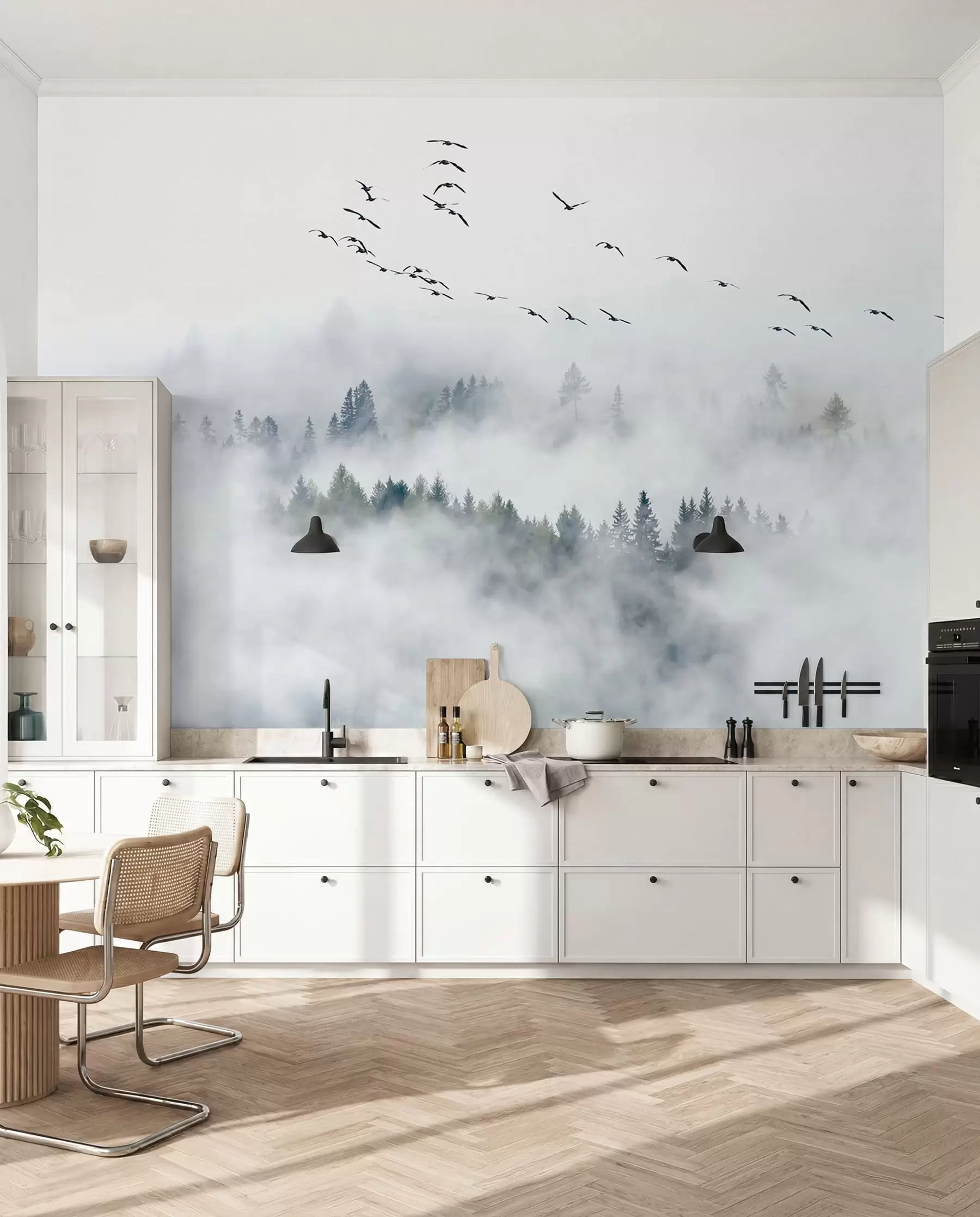 Fotobehang Mist bos en vogels u32480