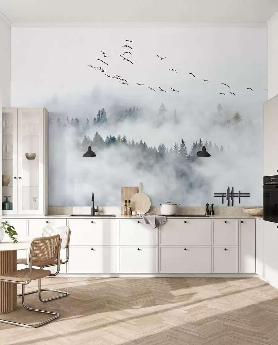 Fotobehang Mist bos en vogels u32480