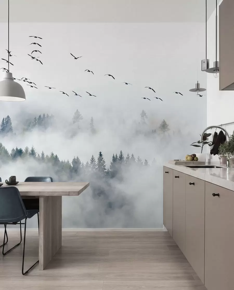 Fotobehang Mist bos en vogels u32480