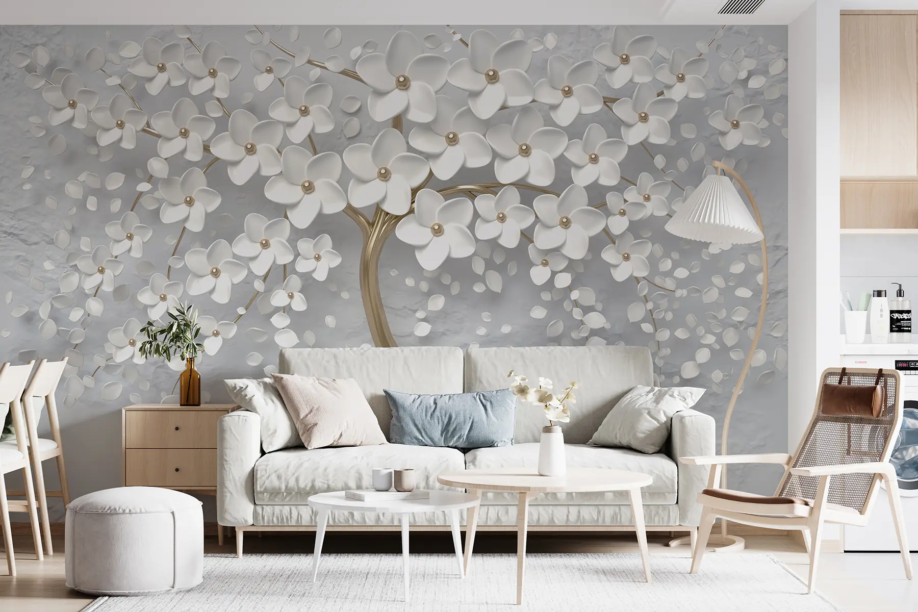 Fotobehang Boom van witte bloemblaadjes u37065