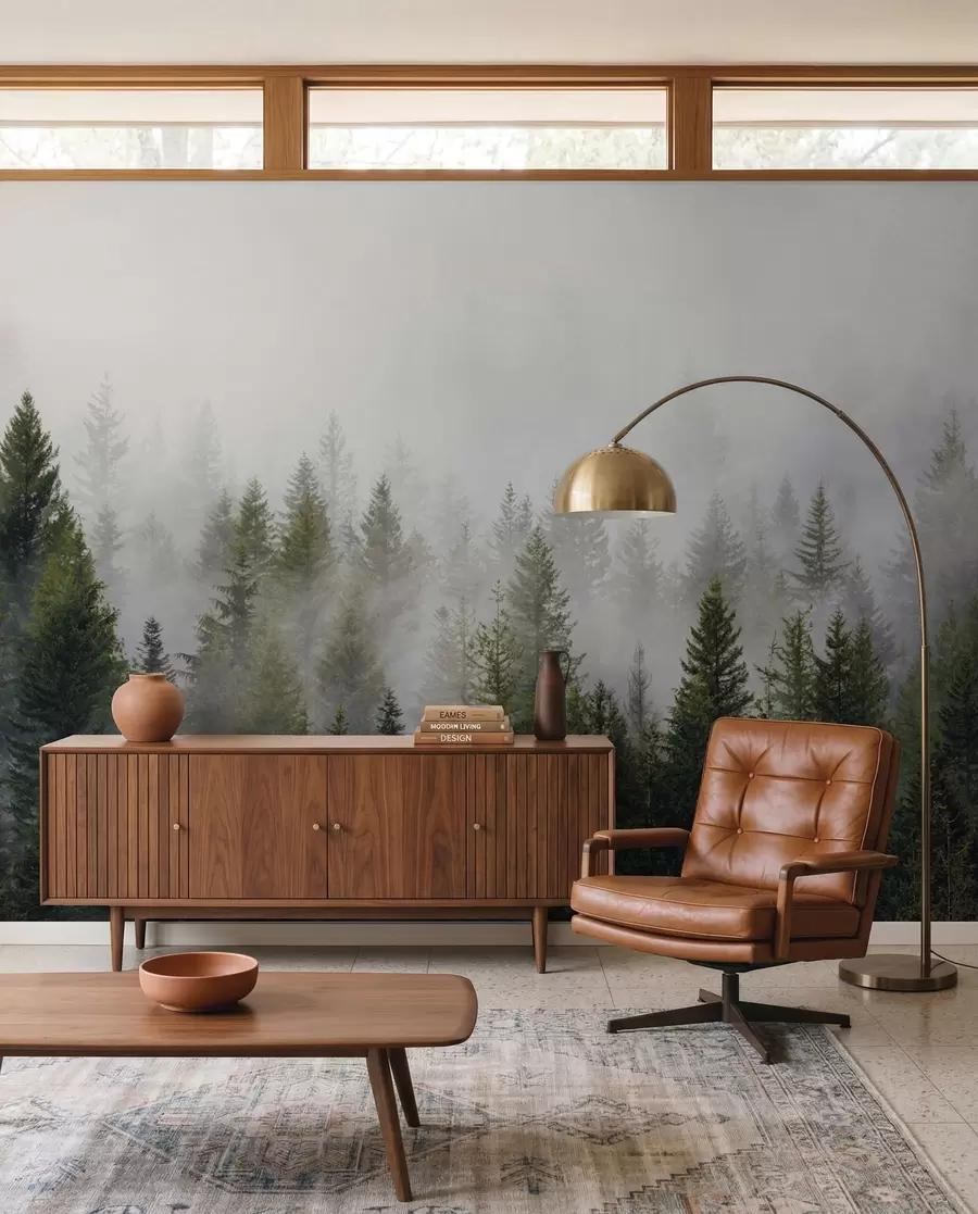 Fotobehang Dageraad in het naaldbos u37073