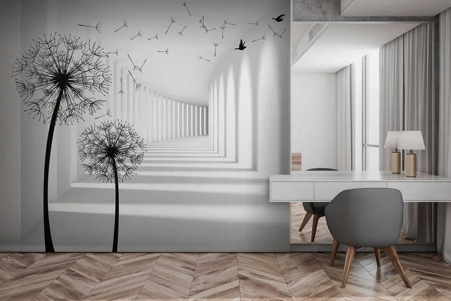 Fotobehang 3d tunnel en paardebloemen u37803