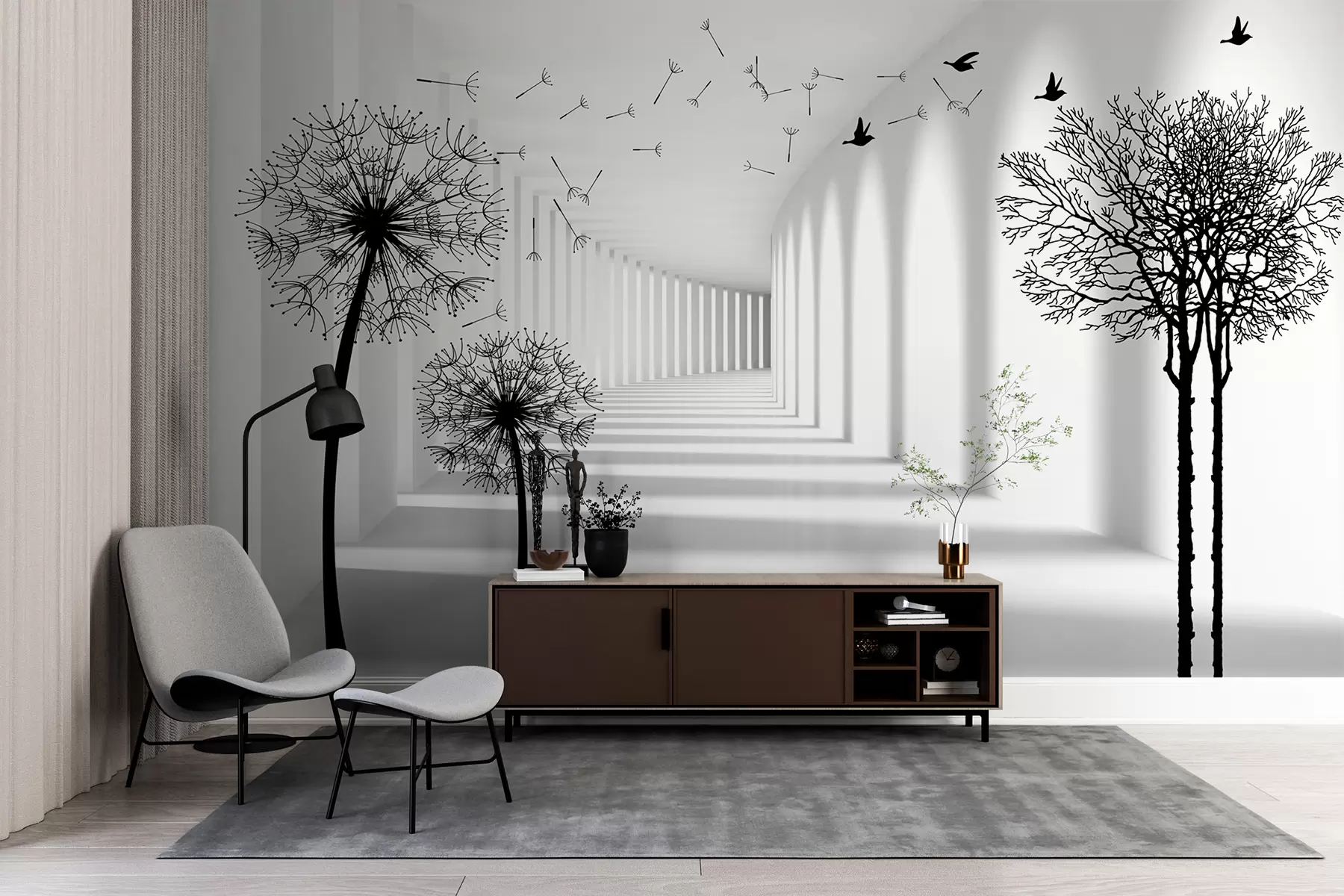 Fotobehang 3d tunnel en paardebloemen u37803