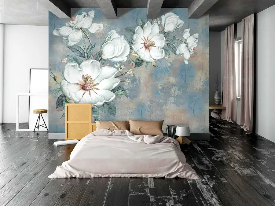 Fotobehang Magnolia's op de grungemuur u38839