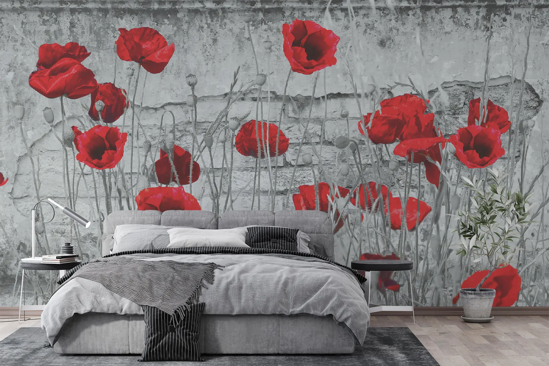 Fotobehang Heldere papavers op de achtergrond van de muur u40552
