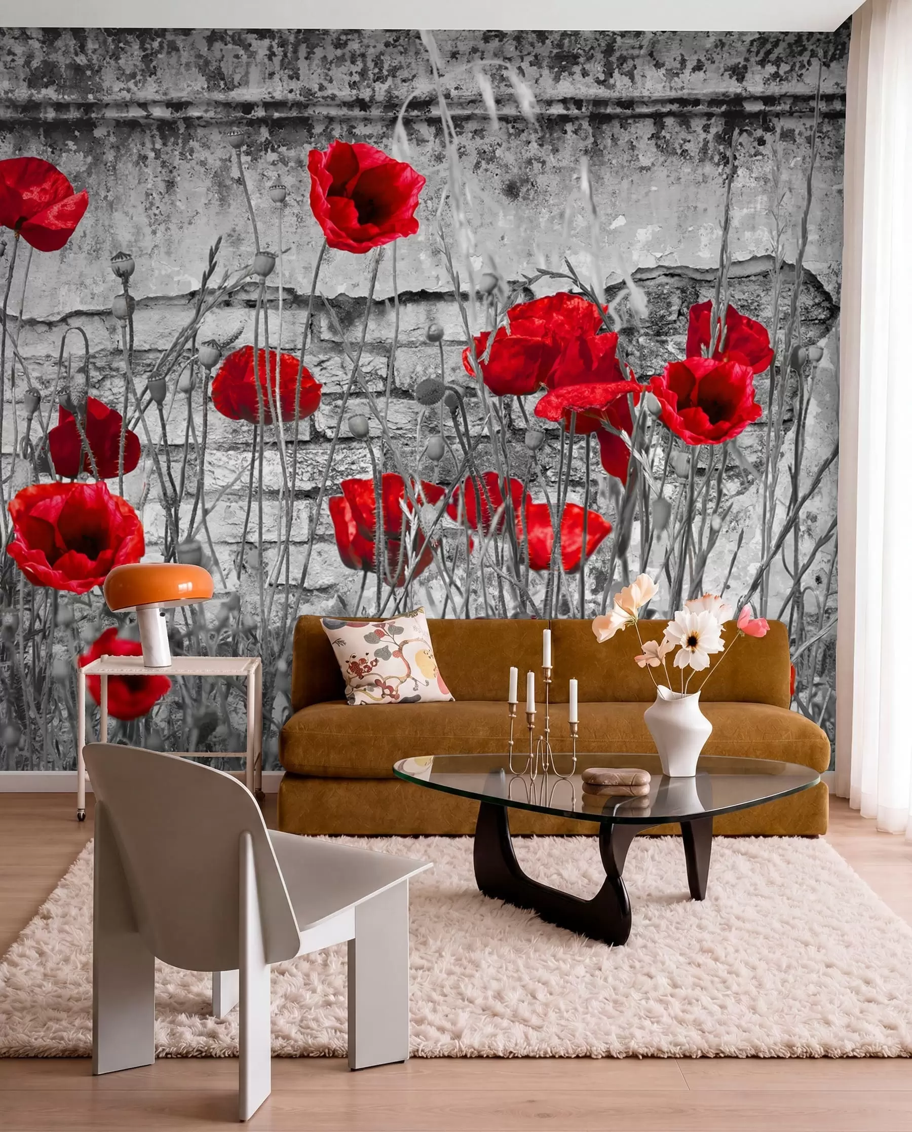 Fotobehang Heldere papavers op de achtergrond van de muur u40552