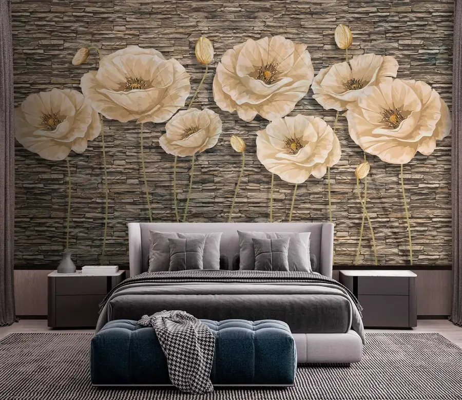 Fotobehang Bloemen op de achtergrond van een stenen muur u41855