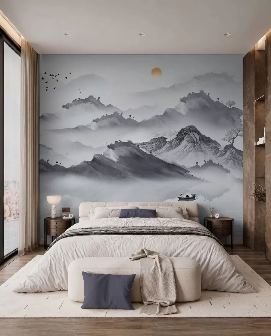 Fotobehang Bergen in Japanse stijl. Inkt tekening u44010
