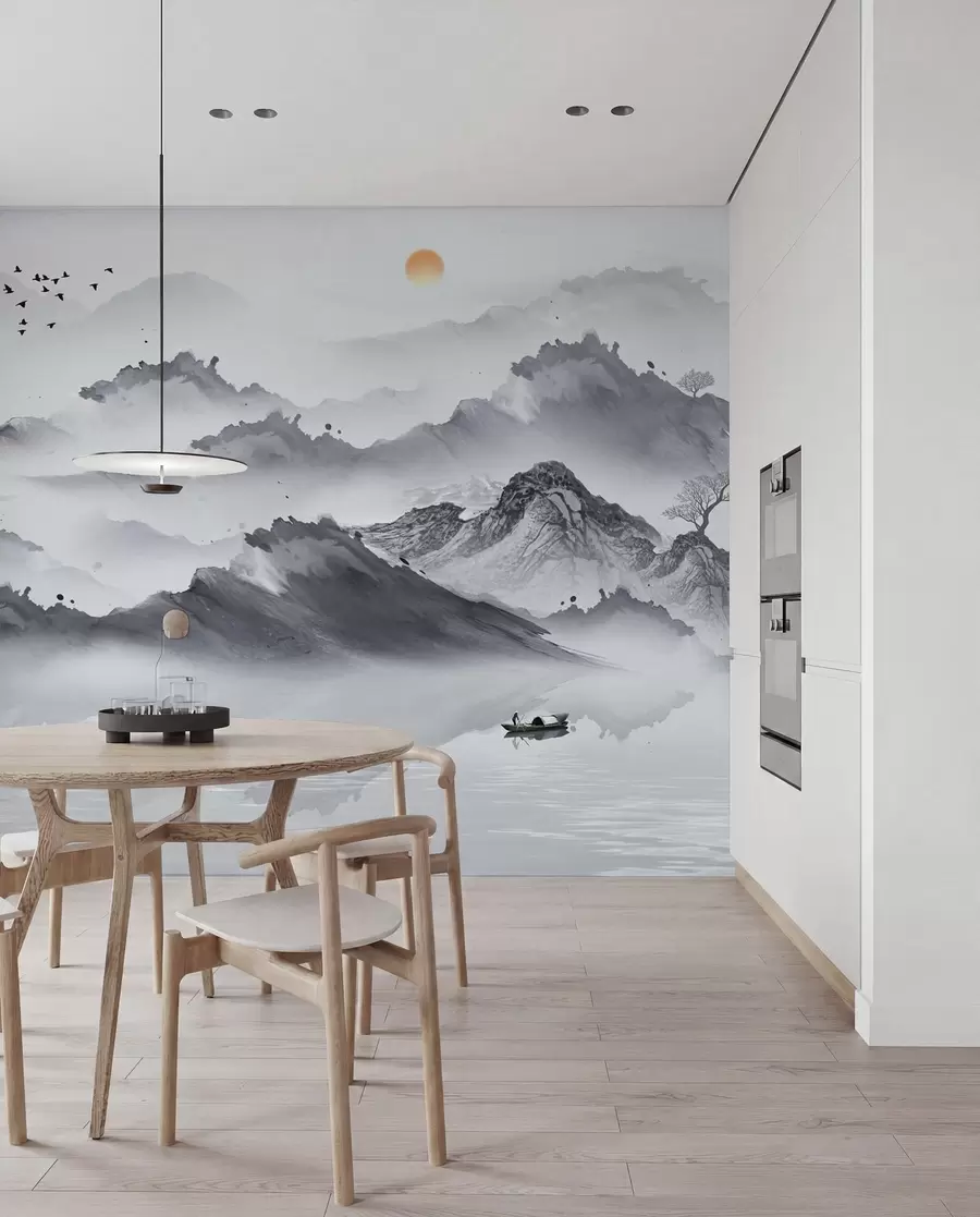 Fotobehang Bergen in Japanse stijl. Inkt tekening u44010