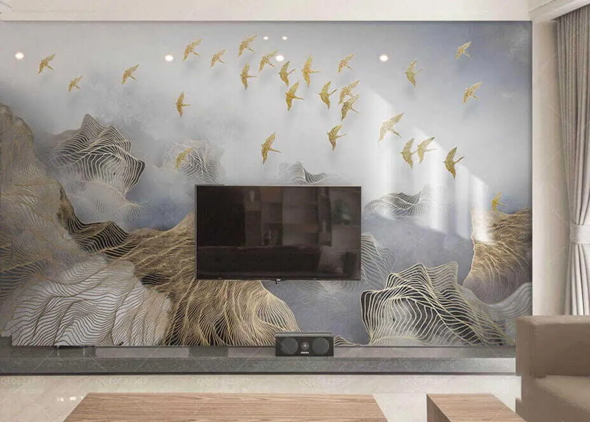 Fotobehang Een prachtig landschap met bergen en vogels is getekend met dunne lijnen u44870 kopen - Uwalls.nl Fotobehang Een prachtig landschap met bergen en vogels is getekend met dunne lijnen u44870