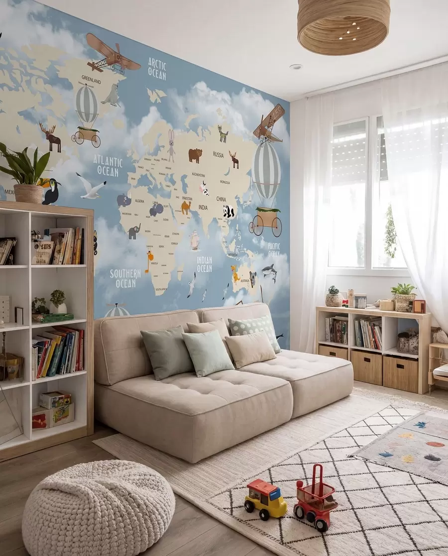 Fotobehang Wereldkaart met dieren u48123