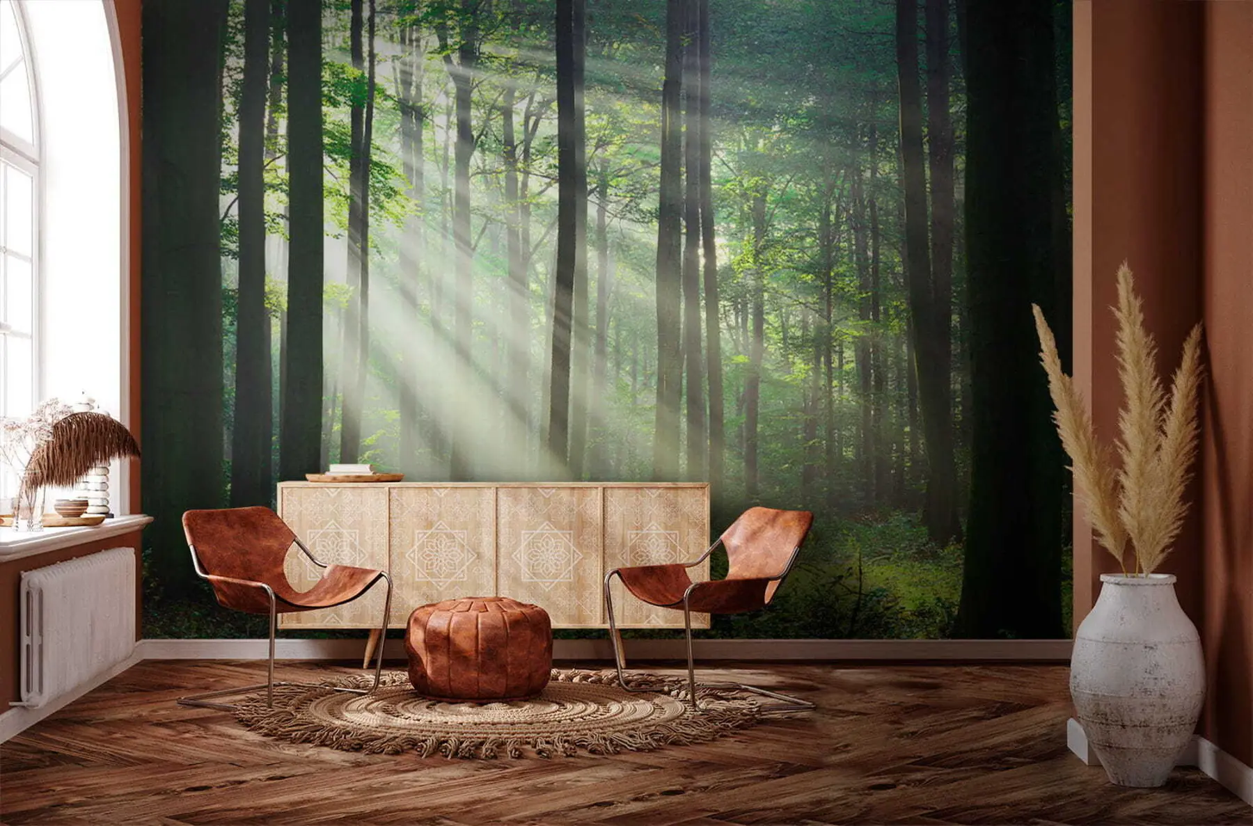 Fotobehang Zonnige stralen in het bos u56787