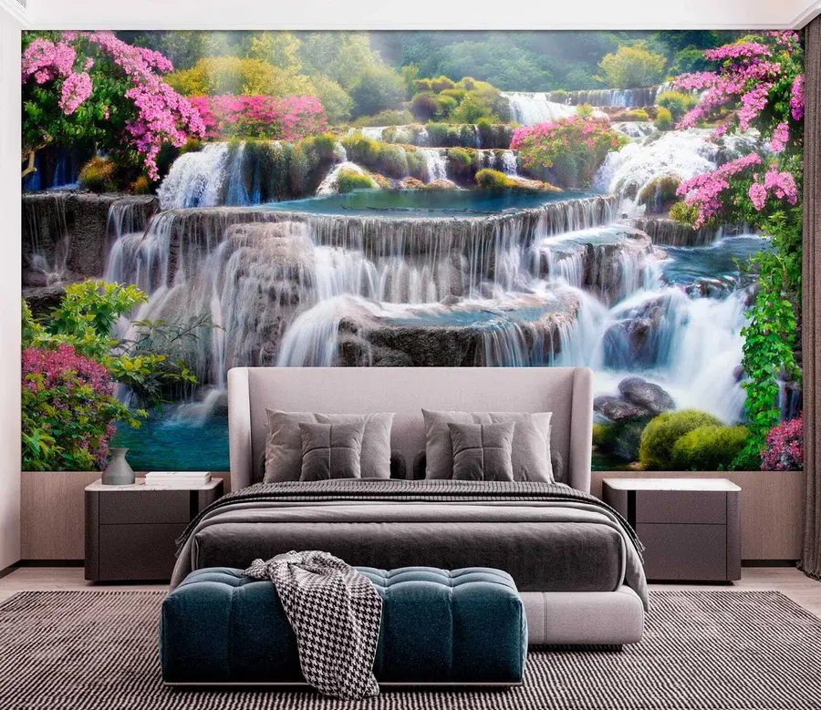 Fotobehang Waterval en bloeiende bomen u60065