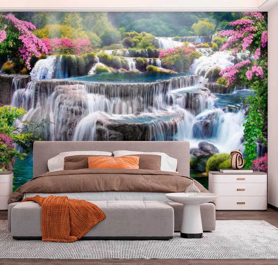 Fotobehang Waterval en bloeiende bomen u60065