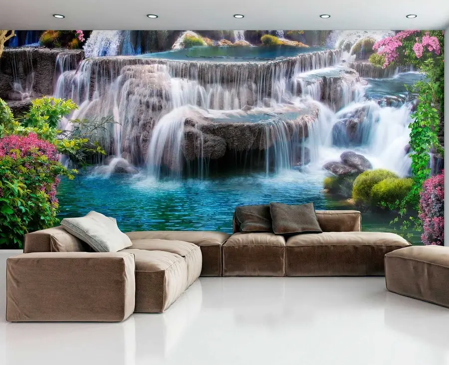 Fotobehang Waterval en bloeiende bomen u60065