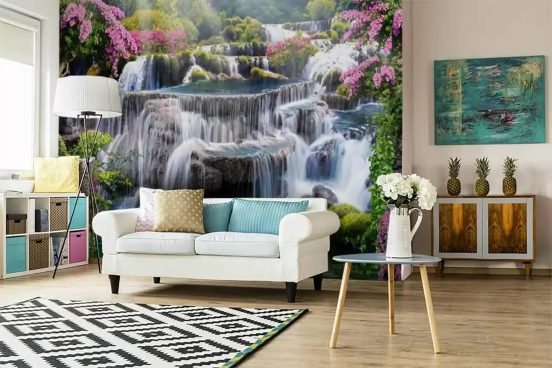 Fotobehang Waterval en bloeiende bomen u60065