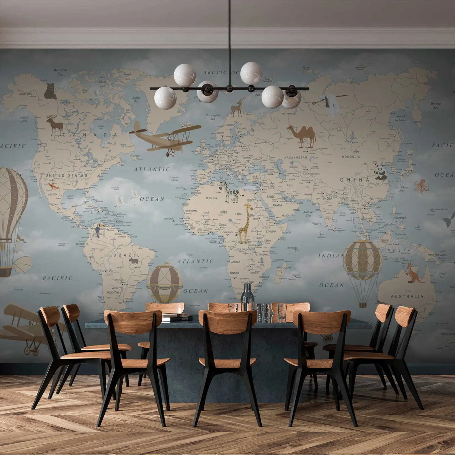 Fotobehang Wereldkaart voor kinderen met vliegtuigen u60135