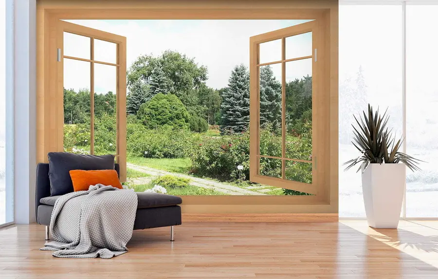 Fotobehang Uitzicht vanuit het raam naar het bos u60673