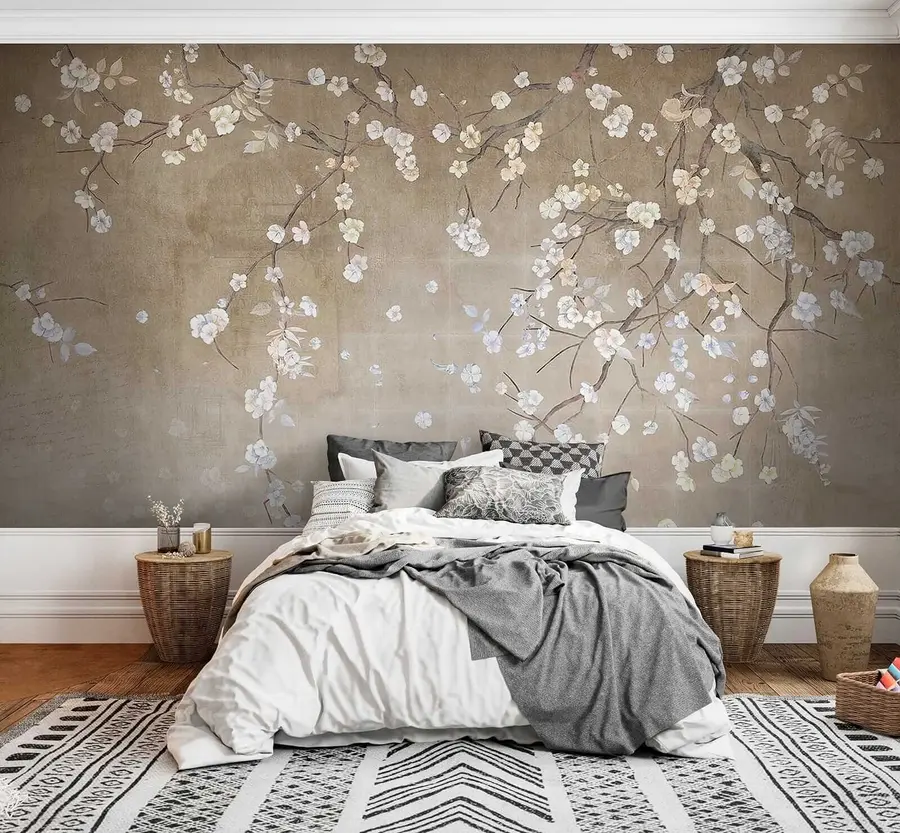 Fotobehang Bloeiende boom op een armoedige muur u61369