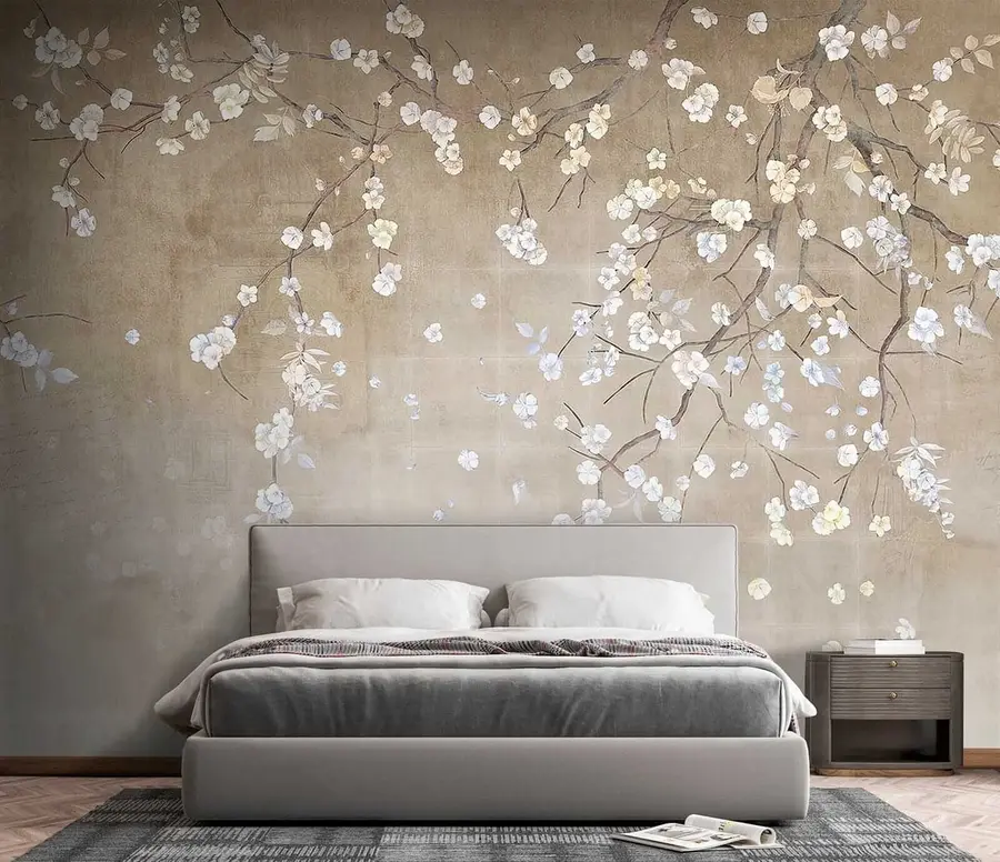 Fotobehang Bloeiende boom op een armoedige muur u61369