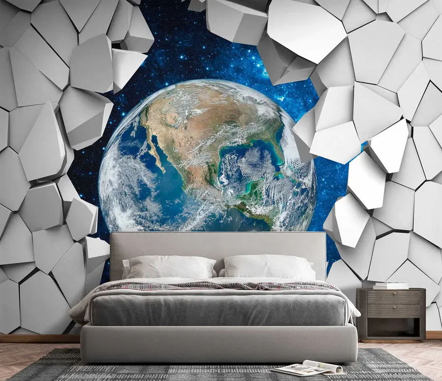 Fotobehang 3D muur en planeet u77808