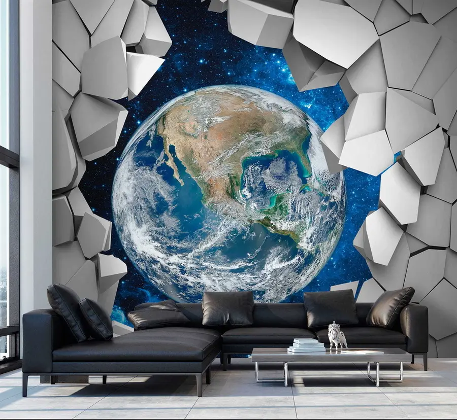 Fotobehang 3D muur en planeet u77808