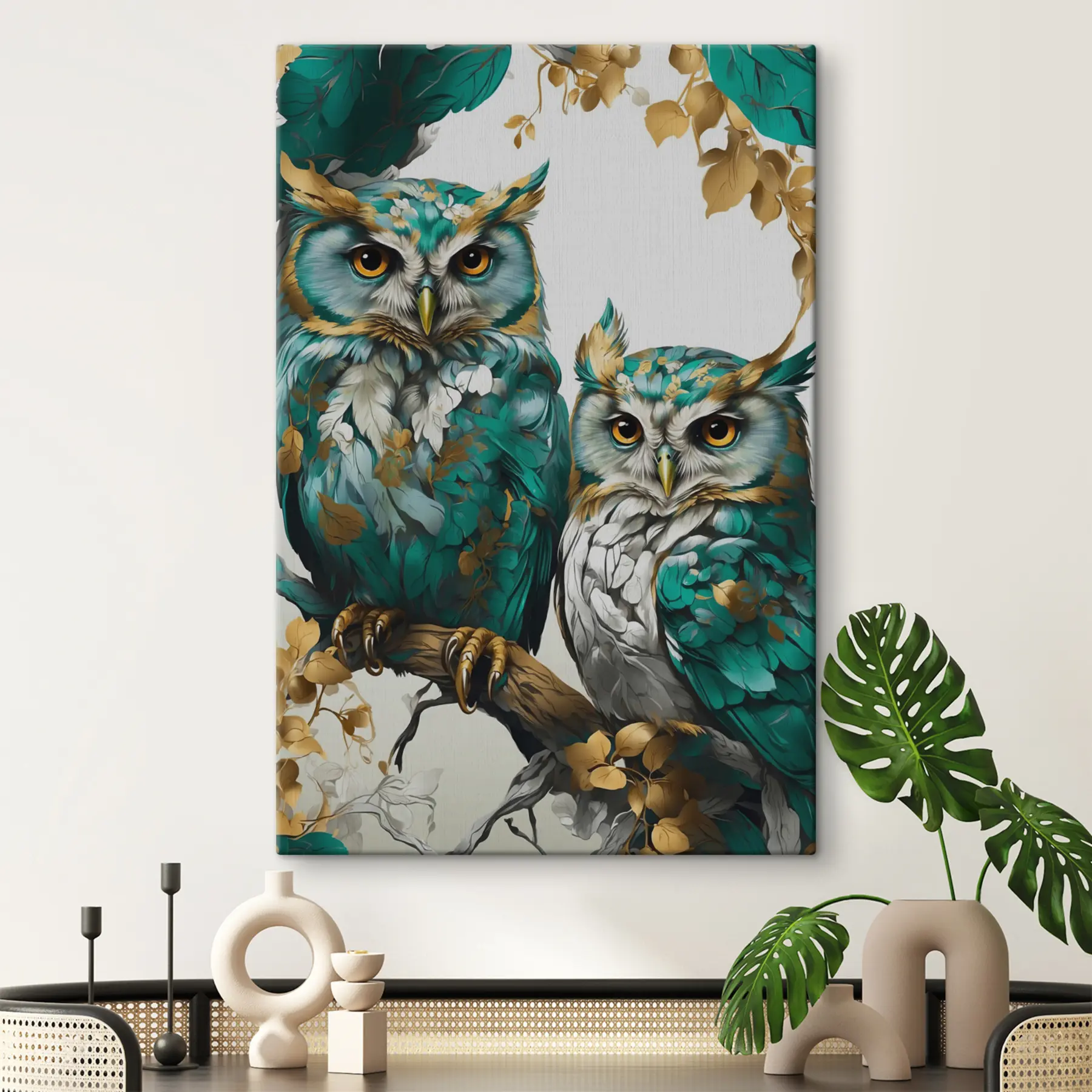 Fotobehang Twee groene uilen in gouden bladeren s37569