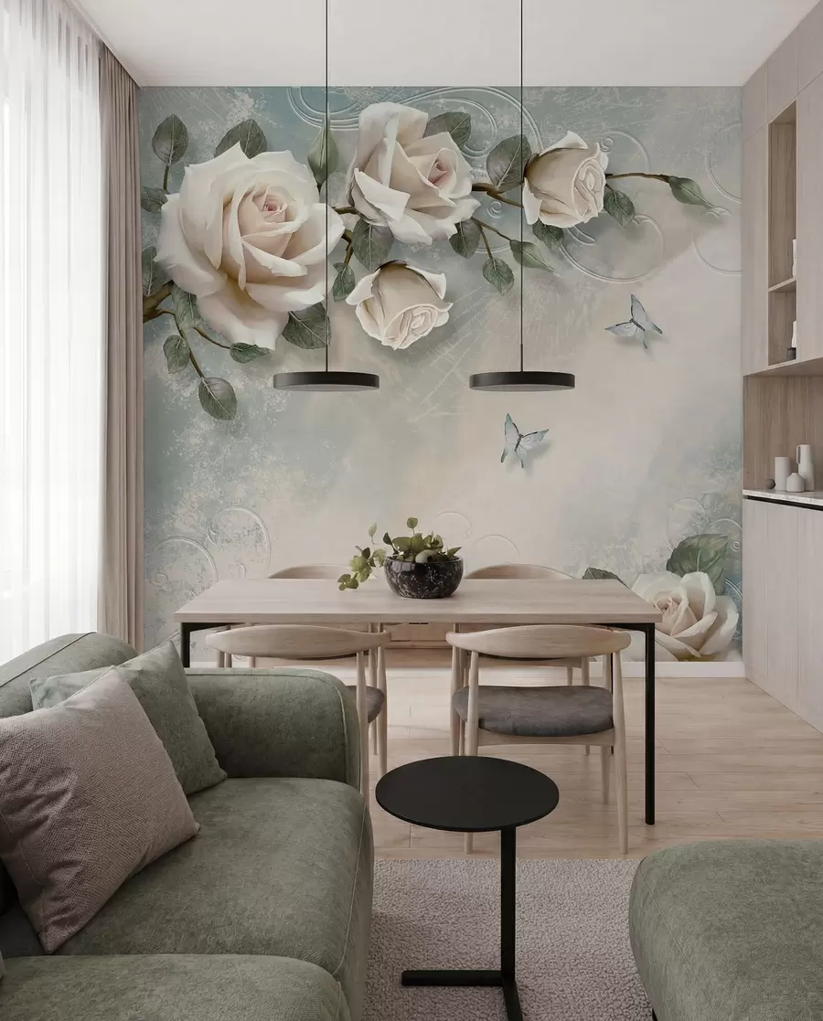 Fotobehang Een tak van de crèmekleurige roos u31353d1