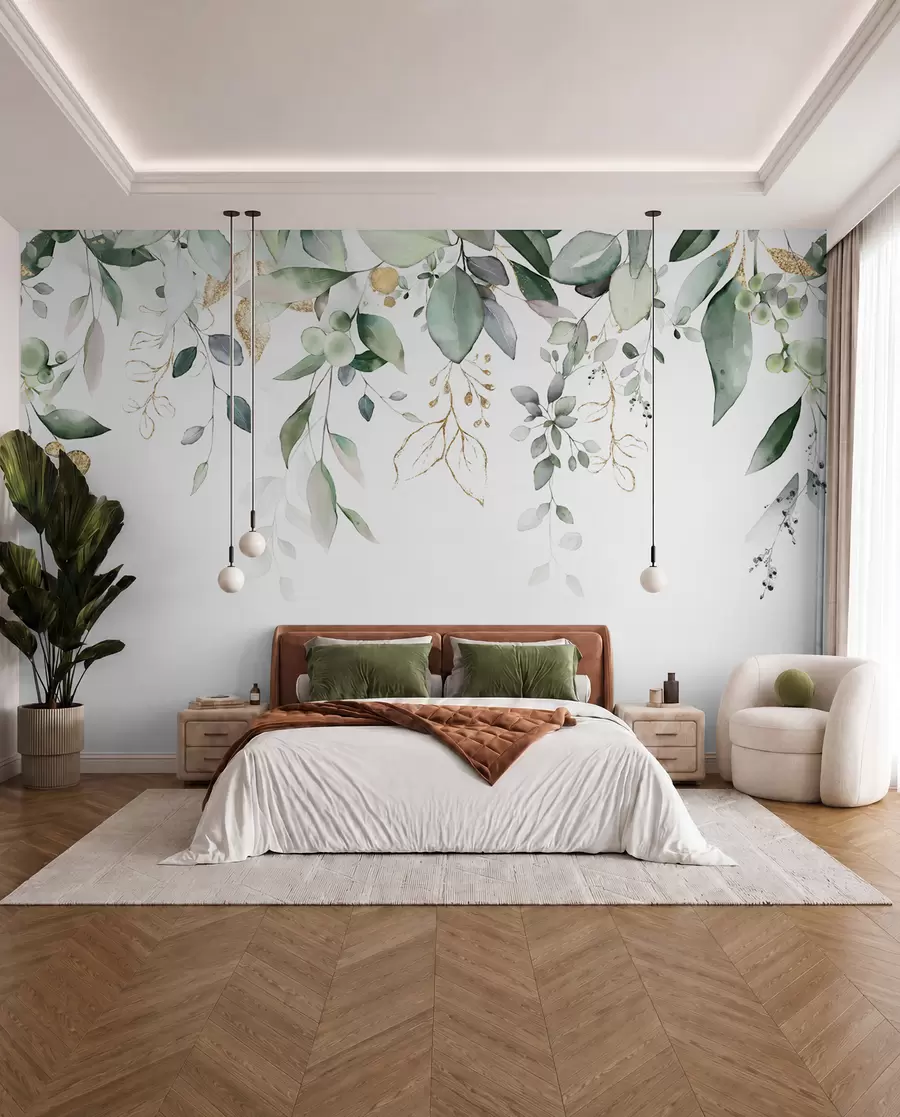 Fotobehang Hangend eucalyptusblad op een witte achtergrond u95506d2
